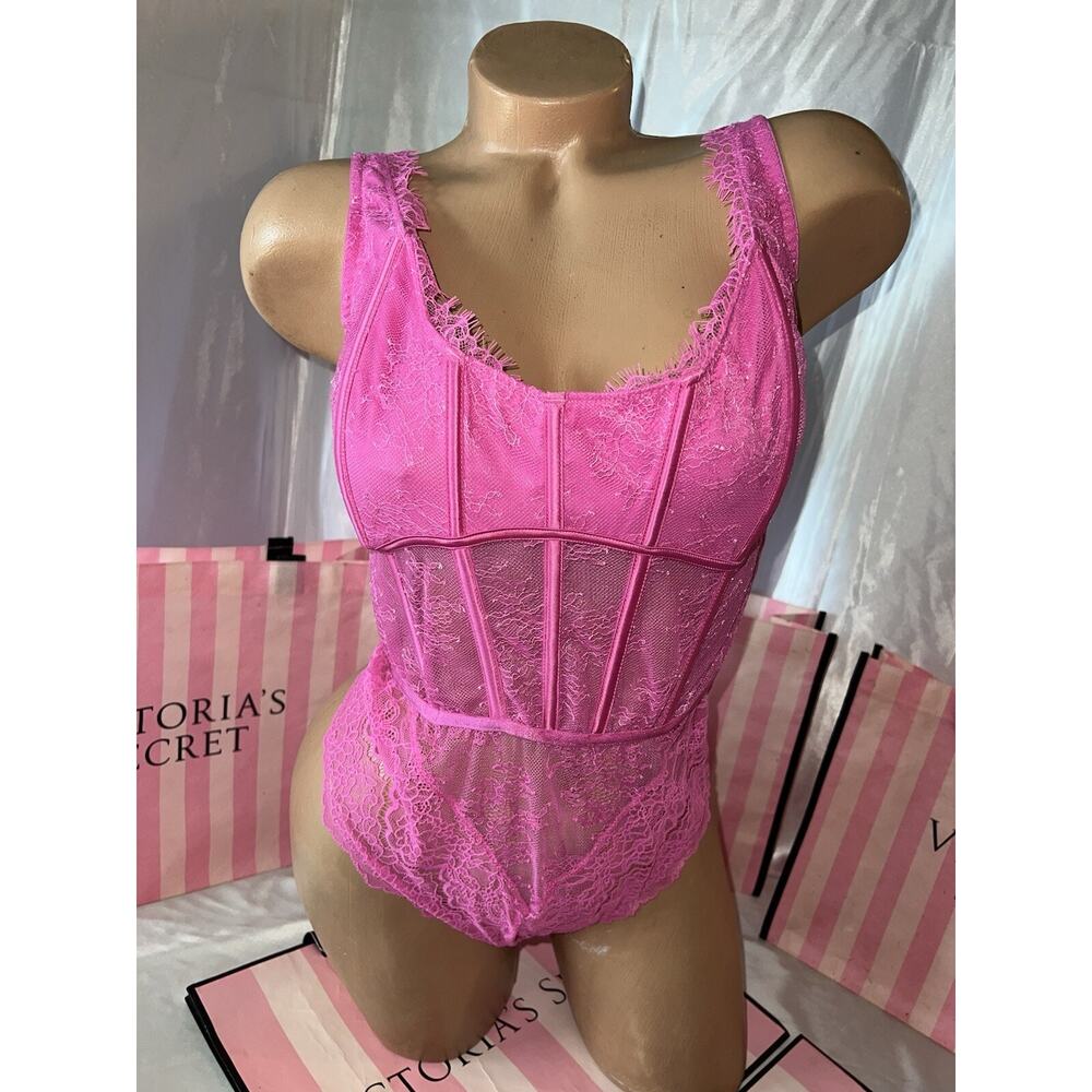 Victorias Secret Thong Teddy Romper Eyelash Lace Pink XL